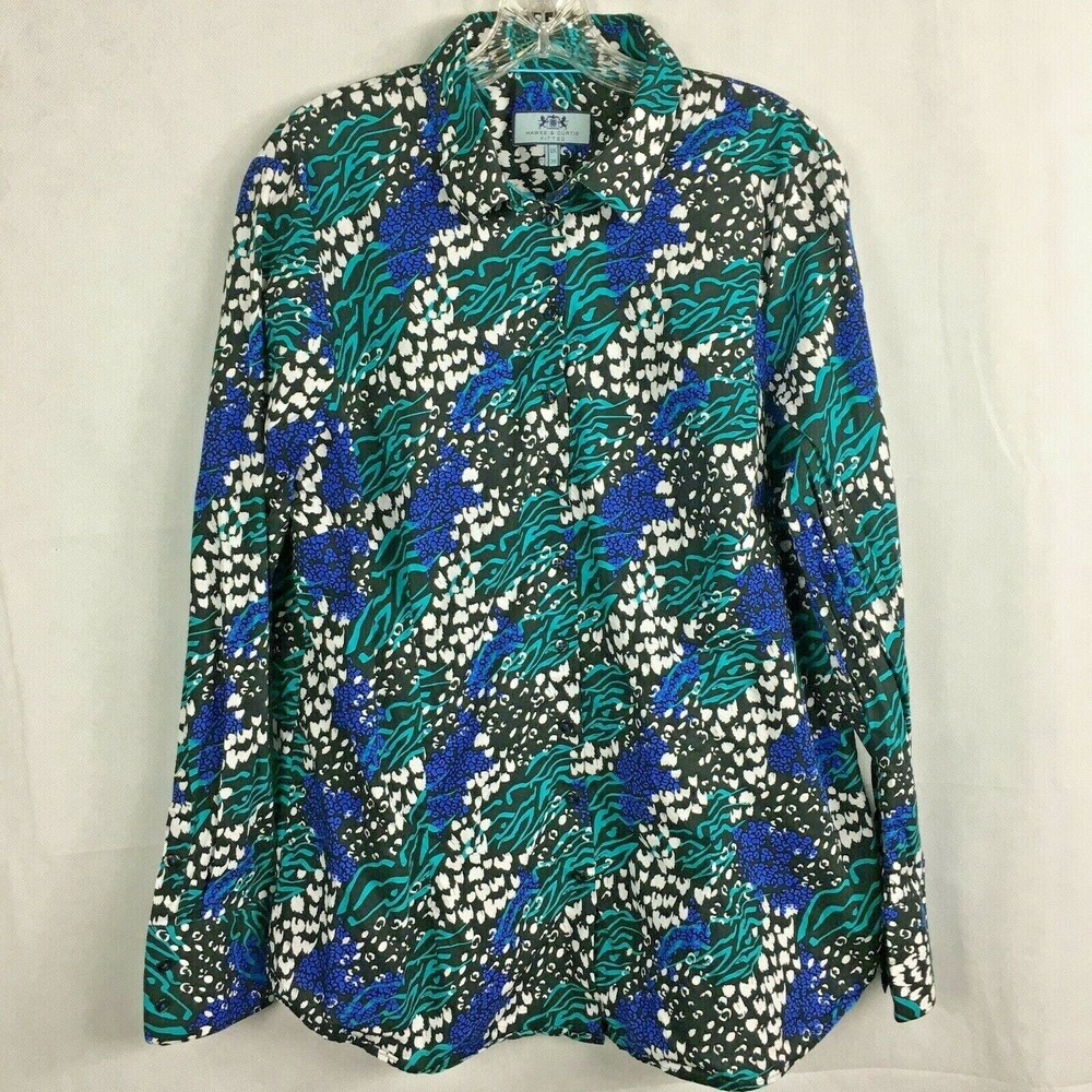 Hawes & Curtis Shirt Women Sz 14 US Black Teal Blue Animal Print Button Up Uk 20